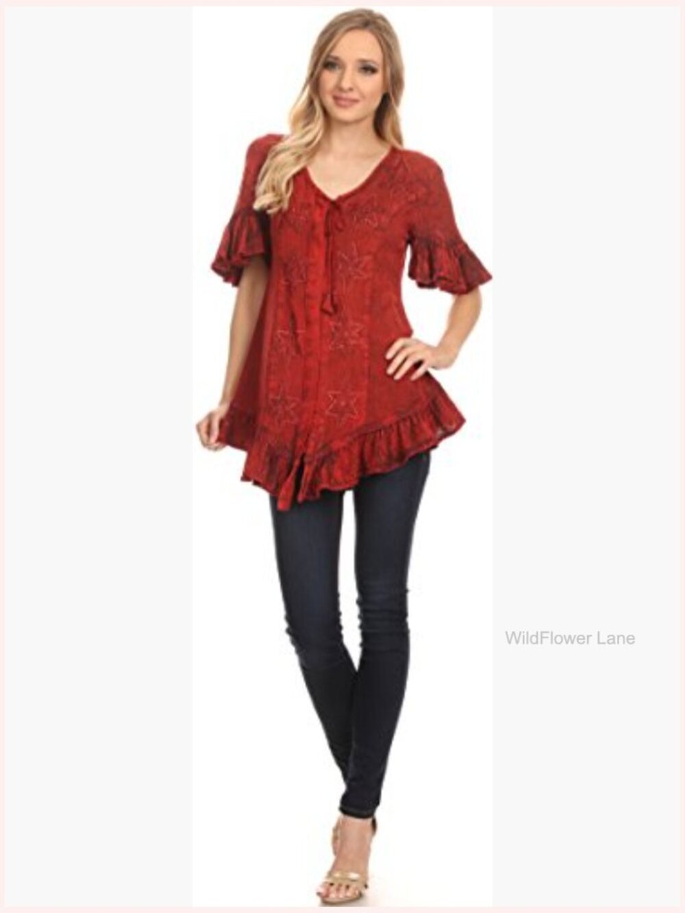 Star Embroidered Blouse with Button Front and Ruffles - Picture 5 of 6